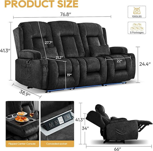 IPKIG Power Recliner Sofa with Flip-Up Backrest Console, USB & USB-C Ports, AC Outlet, LED Lights, Wall Hugger Recliners for Living Room, RV (Drak Grey, 76.8" - 3 Seat) | Velvet Fabirc, Zero Gravity, Dual Reclining, 2 Lumabr Pillow