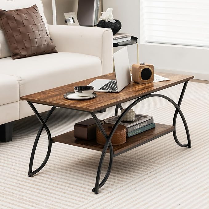 COSTWAY 2-Tier Coffee Table, Industrial Wood Accent Table with Storage Shelf and Black Finished Metal Frame, Chic Rectangular Side End Table for Living Room Office Lounge (Coffee)