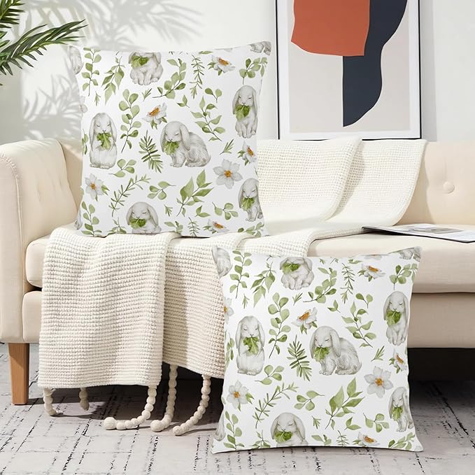 Easter Outdoor Pillow Covers 24x24 Set of 2 Sage Green Bunny Floral Leaf Throw Pillow Covers Spring Rabbit Flower Farmhouse Pillowcase for Home Couch Sofa Decor