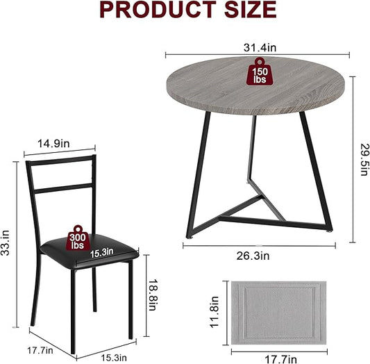 Dining Table and Chairs for 2, Round Dining Room Set with 2 Placemats, 3 Piece Set for Small Spaces, Rustic Gray