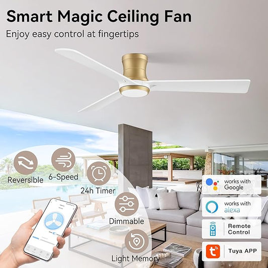 52inch Smart Ceiling Fans with Lights,Low Profile Modern Wood Ceiling Fans,Remote/APP/Alexa Control,Outdoor Indoor Flush Mount Ceiling fan,for Bedroom Living room Patio,3 Blade,White Gold,Quiet