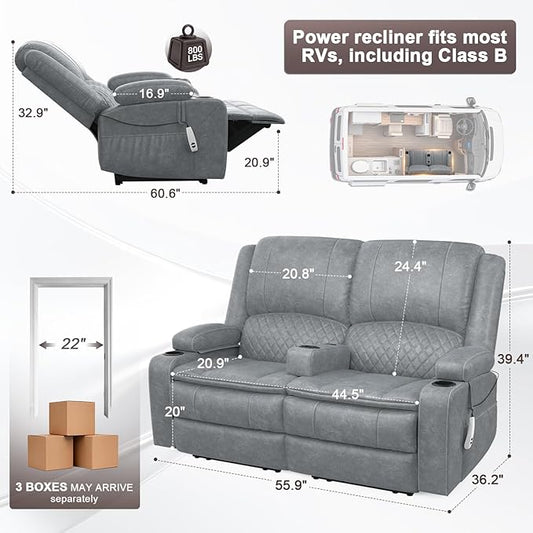 Yolsali Power Reclining Loveseat with Remote Control, Zero Wall Hugger RV Loveseat Recliner Sofa for Living Room with Removable Armrest, 2-Tier Cushions, Hidden Storage & USB Ports, PU Leather Grey