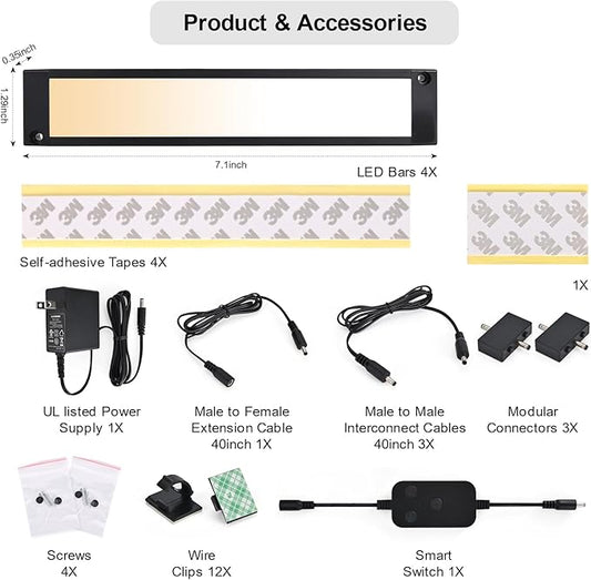 4pack 7inch Dimmable LED Kitchen Light Kit, 2700-6000K Smart Closet Cabinet Lighting Fixture APP Control, Work with Alexa, Google Assistant, for Under Counter, Garage, Pantry (Black)
