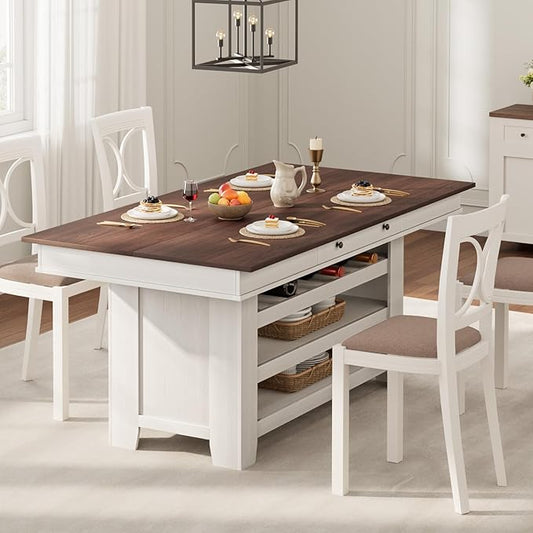GarveeHome Counter Height Dining Table for 4-6, Wood Bar Height Tall Dining Table with Deepened Wine Rack & 2 Drawers & Shelves, Thick Large Table Top for Kitchen, Bar, Heavy Duty, Retro Brown White