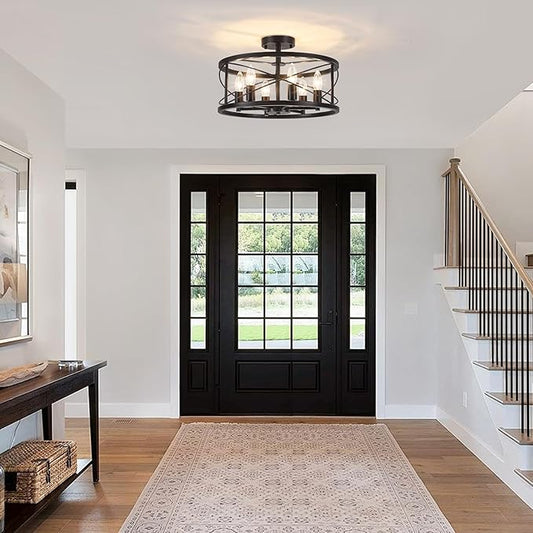 6-Light Black Semi Flush Mount Ceiling Light, 16.53'' Modern Farmhouse Close to Ceiling Light Fixtures, Ceiling Lamp for Hallway Entryway Foyer Dining Room Living Room Bedroom Kitchen Light Fixtures