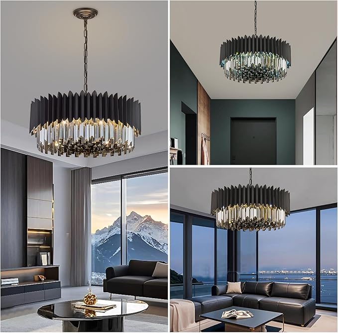 Black Crystal Chandelier 23.62'' K9 Smoke Crystal Round Pendant Lights 8 Lights 5-Tier Large Modern Chandelier for Dining Room Living Room Bedroom Foyer Entryway
