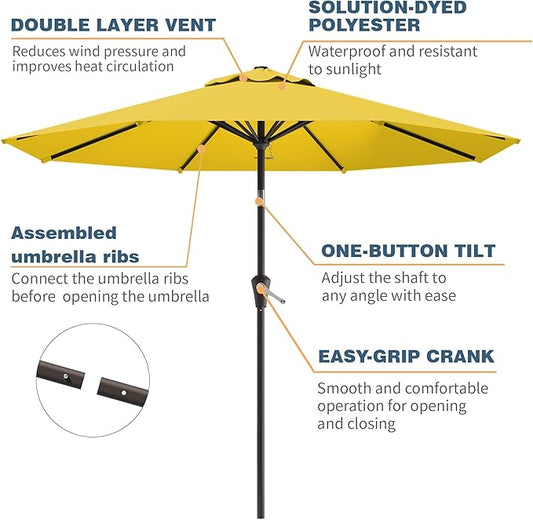 10FT Patio Umbrella, Outdoor Umbrella with Push Button Tilt and Crank, 8 Sturdy Ribs, UV Protection & Waterproof Market Umbrella for Pool, Backyard, Beach,Deck (Yellow)