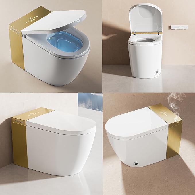BONSAM Smart Toilet with Auto Open/Close Lid, Modern Tankless Toilet with Bidet Built In, One Piece Toilet with Auto Deodorization, Foot Sensor Operation, Remote Control (White&Gold, White&Gold)