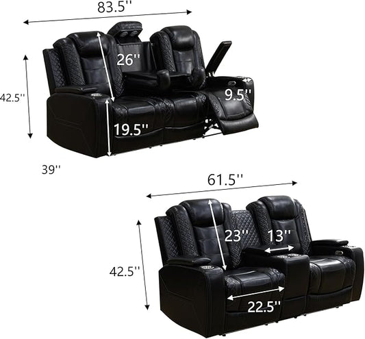 Power Recliner Sofa and Loveseat Set, 2 Piece Breathing Leather Living Room Set, Home Theater Seating Couches with LED/Cup Holders/Reading Light/Storage (Black Upgared)