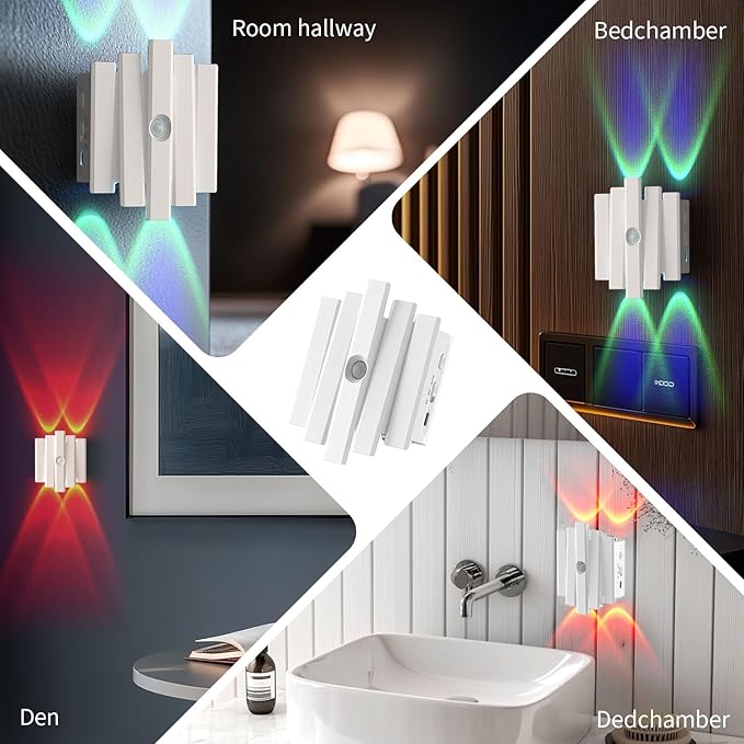Rechargeable Motion Sensor Wall Sconce, Battery Operated Indoor Night Light with Magnetic Mount, RGB Colorful LED Ambient Lighting for Hallway, Stairs, Bathroom & Kids Room (USB-C)
