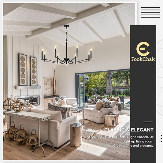 Black Chandelier, Modern Dining Room Light Fixture 8 Light Candle Chandelier Over Table 44in Metal Chandeliers Lighting for Living Room Entry Master Bedroom Bathtub Kitchen