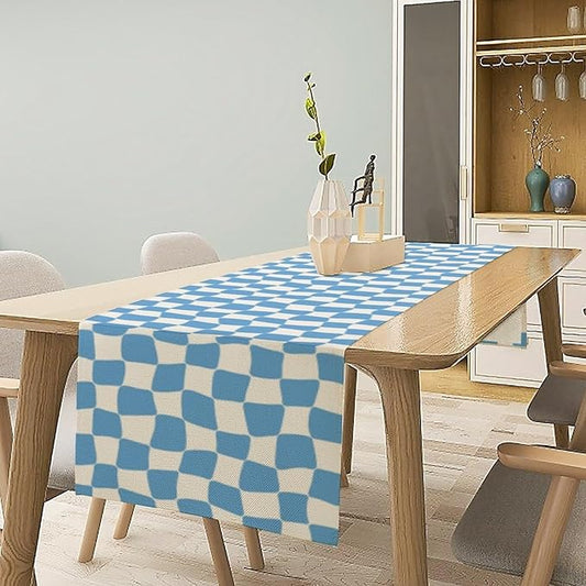 70s Hippie Table Runner Groovy Blue Twisted Checkered Funky Modern Geometric Boho Dinner Runner for Living Room Kitchen Party Holiday Dinner Home Decor 13x36in