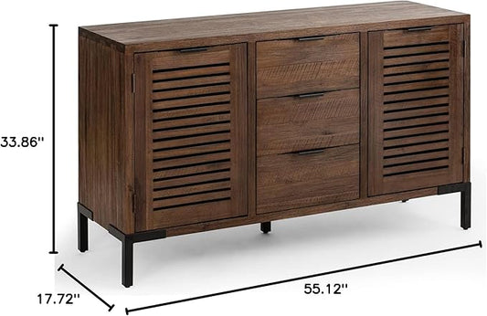 Bme Millie Solid Wood Sideboard Storage Cabinet with Storage, Pre-Assembled with 3 Drawers & 2 Doors, Adjustable Shelves