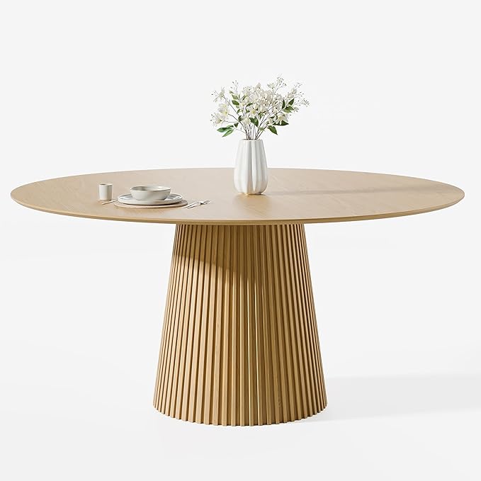 Casaphoria 60" Round Dining Table, Modern Wood Kitchen Table with Cone Grating Bar Base for Living Room & Dining Room, Easy Assembly Farmhouse Furniture for 4-6, Oak