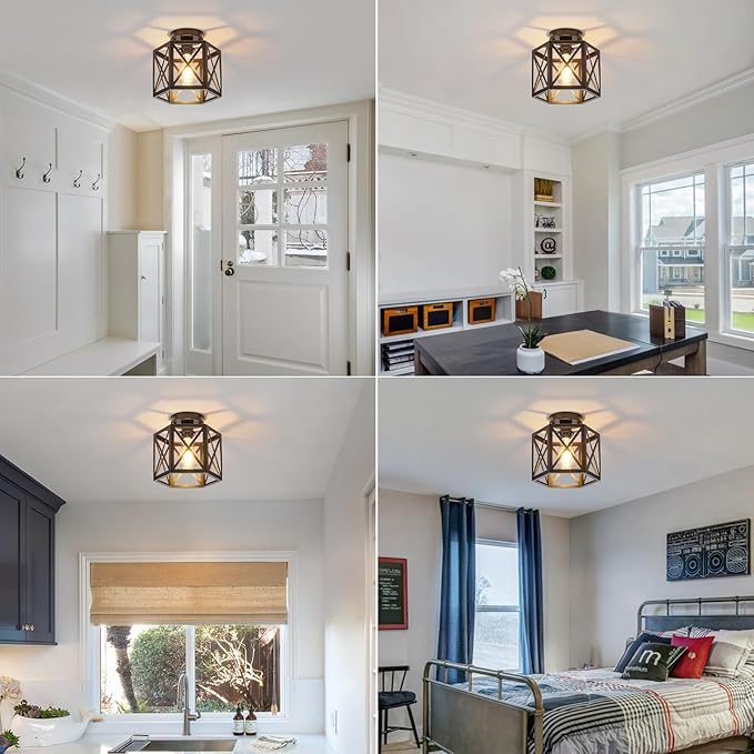 2 Pack Farmhouse Semi Flush Mount Ceiling Light, Industrial Black Hallway Light Fixture, Small Metal Cage Close to Ceiling Lights for Kitchen Sink Porch Bedroom