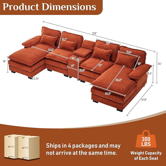 133" Oversized U Shaped Cloud Couch Modular Sectional Couches for Living Room Comfy Chenille Deep Seat Sofa Set with Double Chaise Lounge, Storage Central Console, Cup Holders, USB Port, Orange