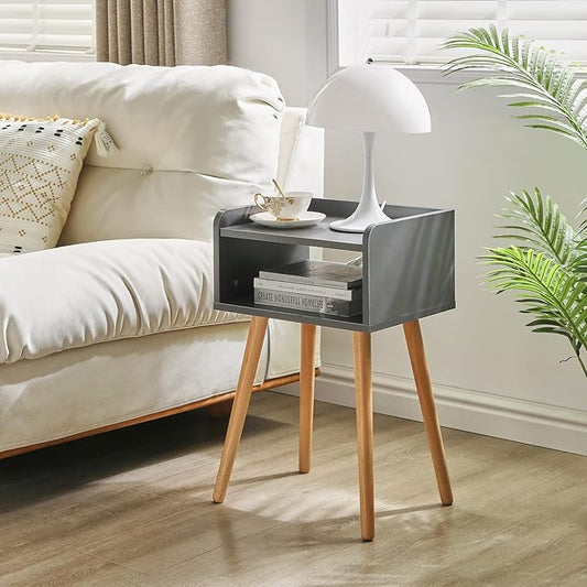 IBUYKE Nightstand, Mid-Century Modern Bedside Table with Solid Wood Legs, Minimalist and Practical End Side Table with Open Storage Shelf, for Living Room/Bedroom/Office, Grey UWNS003G