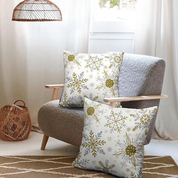 Christmas Snowflake Pillow Covers White Gold Gray Xmas Throw Pillow Cases 20x20 Set of 2 Seasonal Winter Holiday Cotton Linen Pillowcase for Farmhouse Bed Couch Sofa Living Room Decor