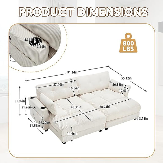 ERYE Oversized Loveseat Sectional Double Lounge Chaise Convertible Sleeper Sofabed, Corduroy Sleeper Loveseat Daybed Indoor Recliner Chair Sofa Bed W/Cupholders & Adjustable Headrests for Living Room