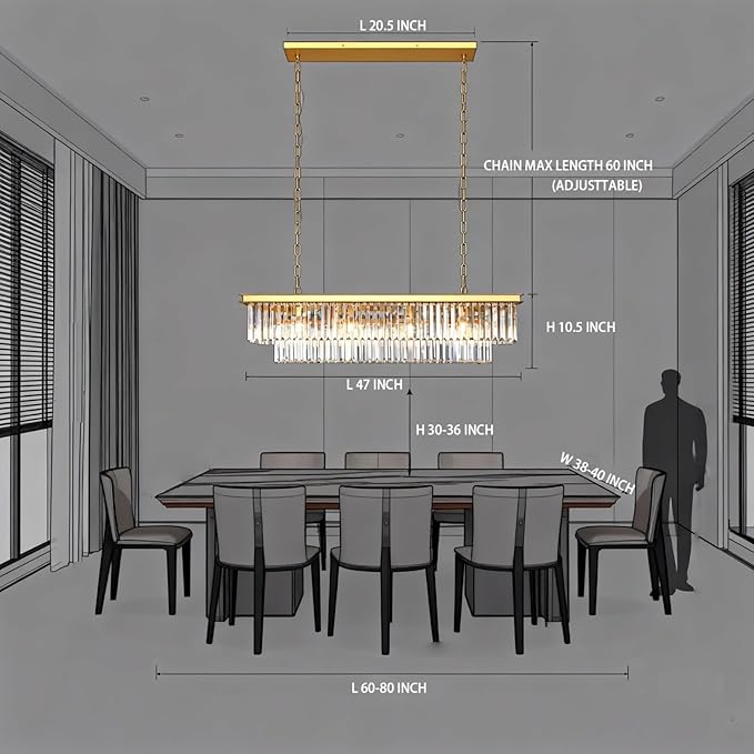 Gold Modern Rectangular Crystal Linear Chandeliers Rectangle Contemporary Pendant Ceiling Light Fixture for Kitchen Island, Dining Room, Bar, 12-Light 47 Inches