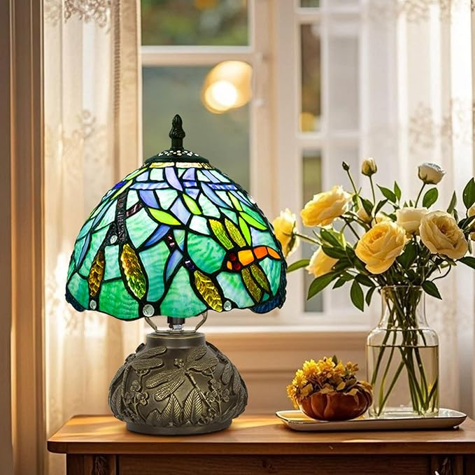 Small Tiffany Table Lamp,Stained Glass Lamp,8 Inch Mushroom Style Mini Vintage Desk Lights for Bedside, Bedroom,Nightstand,Living Room,3 Color Temperature (Wheat Ear Dragonfly)
