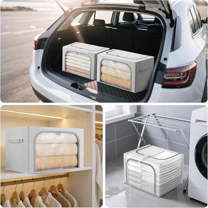Large Size 66L 3 Pack Clothes Storage Bin with Metal Frame, Stackable & Foldable Box with Lids, Closet Organizers And Storage For Bedding, Cap, Sweater (Fully Transparent)
