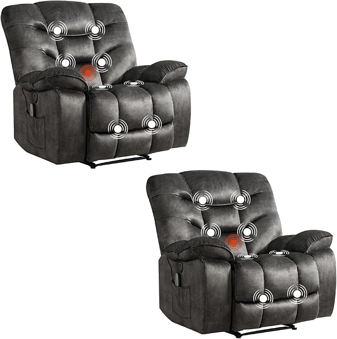 HAOMARKETS Power Recliner Chair Set of 2 with Massage and Heat, 41" Wide Electric Reclining Chairs with USB Port, Breathable Fabric Overstuffed Reclining Sofa for Living Room, Grey