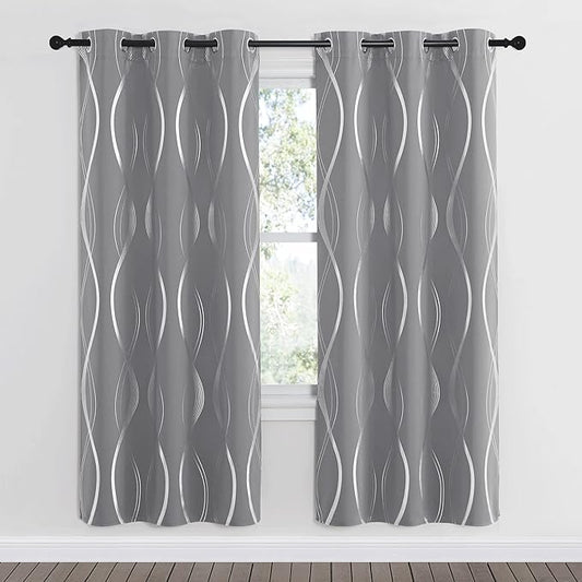 NICETOWN Blackout Curtains 72 inches Long, Silver Grey, 2 Panels, 34 x 72 Inch, Microfiber Noise Reducing Thermal Insulated Wave Line Foil Print Design Blackout Curtains for Patio Sliding Glass Door