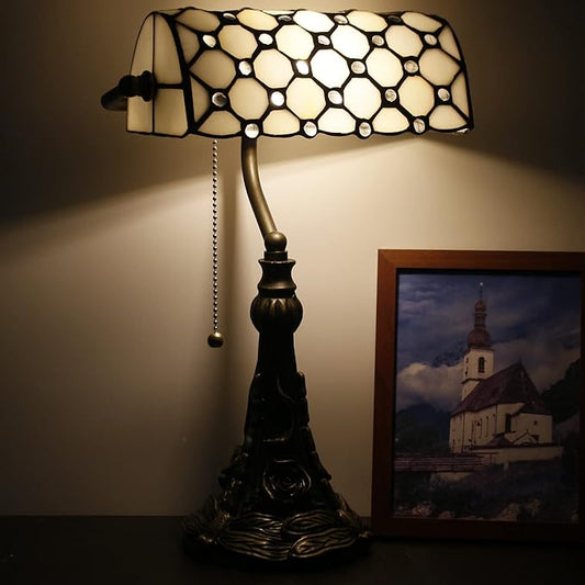 Tiffany Banker Lamp Small Stained Glass Table Lamp Tiffany Style Piano Light White Crystal Pearl Bead Style Desk Lamp Angle Adjustable 10.6X15.7 Inch for Home Office Living Room Bedroom