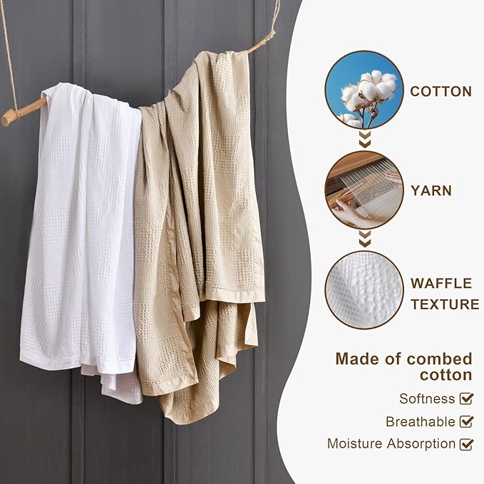meadow park Cotton Waffle Blanket with Cotton Sateen Binding - Full/Queen Size - Lightweight and Breathable - Washed Waffle Throw - White Color.