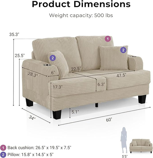 Homes: Inside + Out Reese Modern Plush Chenille Comfortable Loveseat with Side Pockets, Cup Holders and Pillows, Wooden Soft Couch for Living Room, Bedroom and Office, Beige