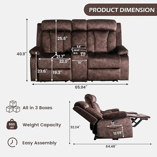 Power Reclining Loveseat with Console, Loveseat Recliner Sofa with Massage & Heat, Perfect Electric Couch for Living Room (Brown)