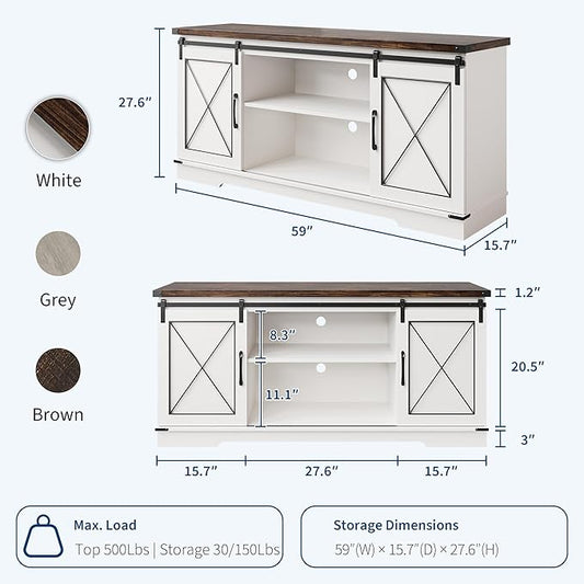 GarveeHome Farmhouse TV Stand for TV up to 65 in and Entertainment Center with Sliding Barn Doors, Tv Media Console Table with Storage Cabinet for Living Room, Bedroom, White & Brown
