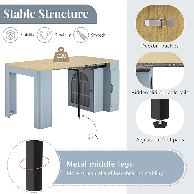 15.6" - 59" Extendable Dining Table, Mobile Kitchen Island with Storage Cabinet, Power Outlet and LED Lights, Space-Saving Dining Table for Small Spaces, Blue and Natural