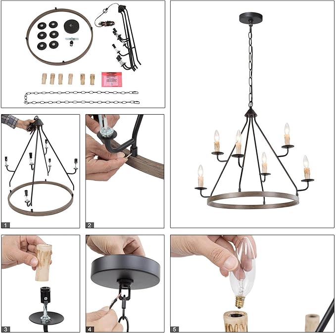 LALUZ Farmhouse Chandelier, Large 6-Light Wagon Wheel Chandeliers 2 Tier Round Pendant Light Fixtures for Dining & Living Room, Foyer and Bedroom