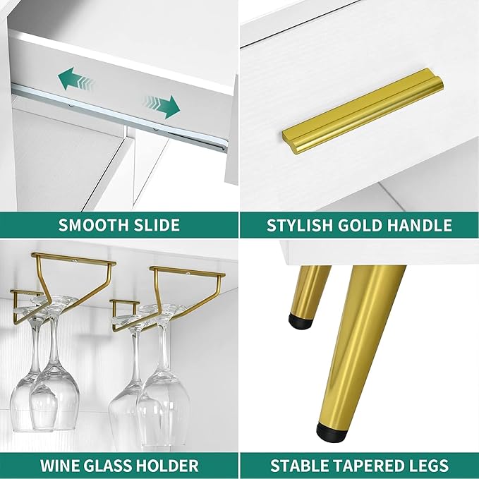 YITAHOME Sideboard Buffet, Buffet Cabinet Storage Credenza w/Adjustable Shelf, Wine Glass Holder, Drawers, Modern White & Gold Dresser 300 lbs Capacity for Living Room, Kitchen, Dining Room