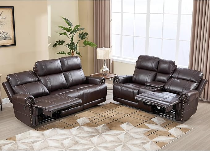 EBELLO Faux Leather Electric Reclining Sofa Set, Power Recliner Five Seats Sofa Set, a Loveseat and a 3-Seat Sofa with USB and Type-C Charging Ports, Vintage Rivet Design for Small Living Room, Brown