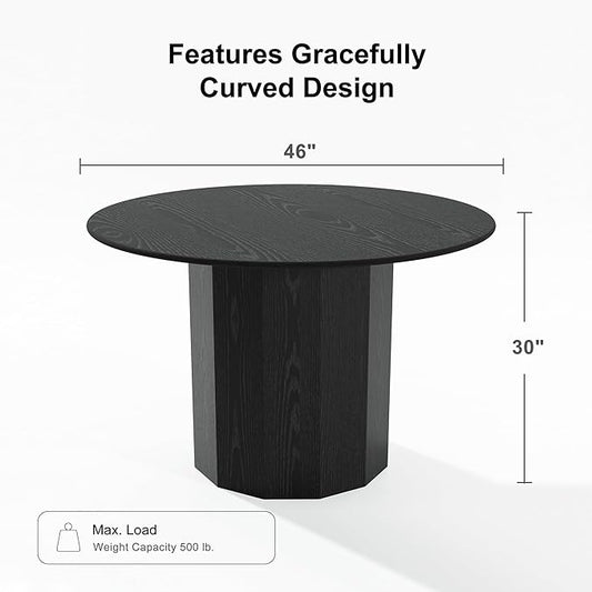Casaphoria 46" Round Dining Table, Modern Wood Kitchen Table with Cylinder Polygonal Base for Living Room & Dining Room, Easy Assembly Farmhouse Furniture for 4-6, Black