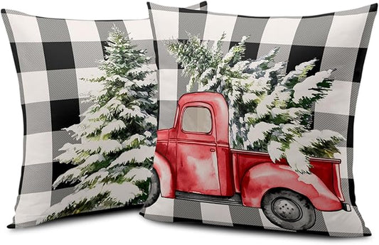 Christmas Black and White Check Pillow Covers 20 x 20 Set of 2 Buffalo Plaid Pillow Cover Christmas Tree Red Truck Pillow Protector Winter Holiday Decorations for Living Room