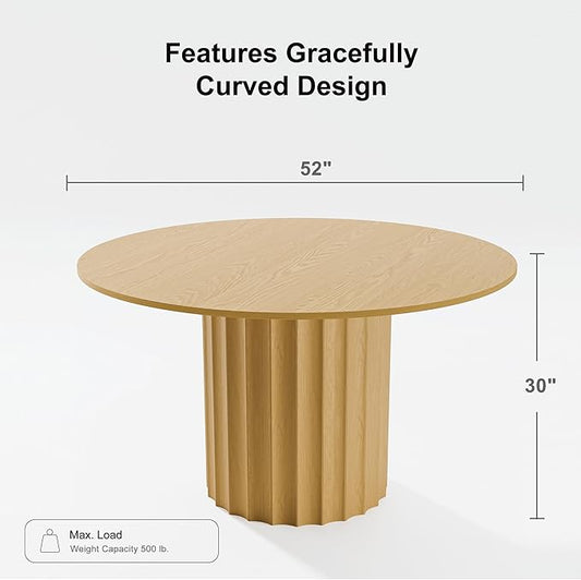 Casaphoria 52" Round Dining Table, Modern Wood Kitchen Table with Cylindrical Wide Bar Concave Base for Living Room & Dining Room, Easy Assembly Farmhouse Furniture for 4-6, Oak