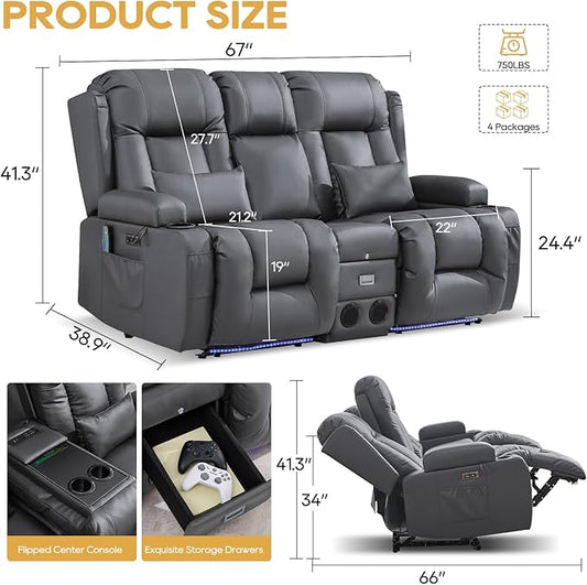 IPKIG Power Recliner Sofa with Flip-Up Backrest Console, USB & USB-C Ports, AC Outlet, LED Lights, Wall Hugger Recliners for Living Room, RV (PU Grey, 67" - 3 Seat) | Faux Leather, Zero Gravity, Dual Reclining, 2 Lumabr Pillow, Bluetooth Speakers