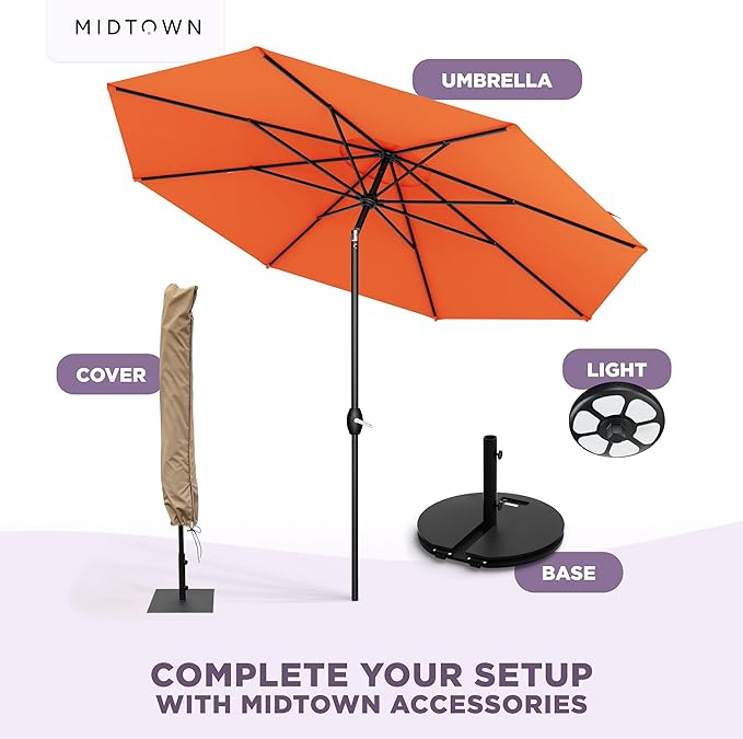 Midtown Umbrellas - 10-Year-No-Fade 10 Ft Patio Umbrella with Terylast Fabric, Auto-Tilt Aluminum Frame and 8 Reinforced Ribs for Deck, Pool, Garden & Beach - Tangerine Canopy, Black Pole