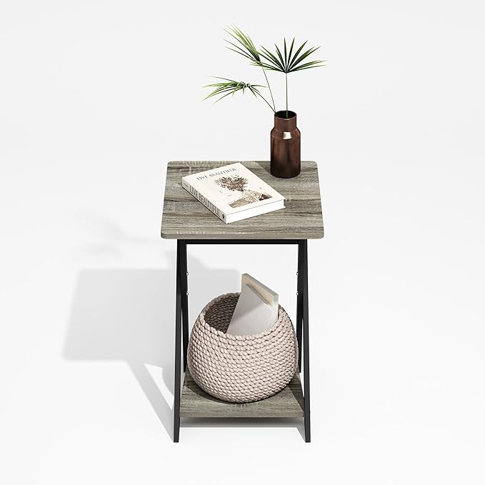 Furinno Modern Simplistic Criss-Crossed End Table, Side Table, Grey Oak/Black (Pack of 2)