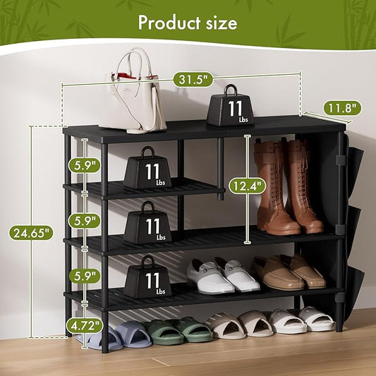 Bamboo Shoe Rack, 4 Tiers Shoe Organizer for Closet, Shoes Storage for 20-24 Pairs, Freestanding Shoe Shelf with Removable Pocket for Entryway Bedroom Front Door Dorm, Black