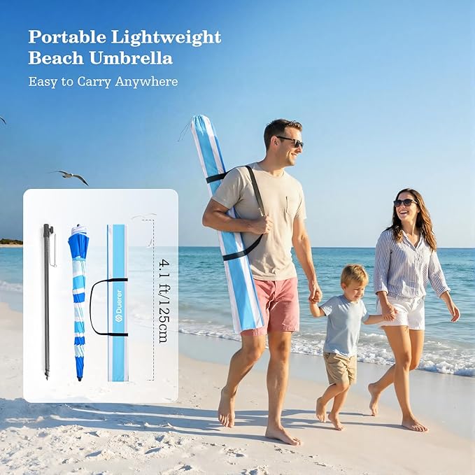 Duerer 7.5FT Beach Umbrella with Sand Anchor–Heavy Duty Windproof UPF 50+ Sun Shade, Portable Travel Beach Umbrella with Tilt & Carry Bag for Beach, Sand, Garden, Patio, Pool