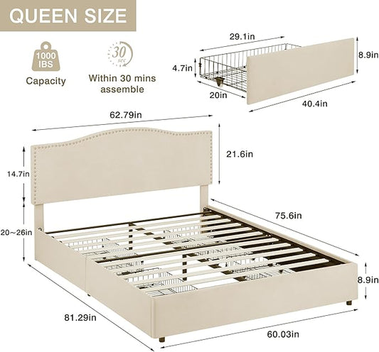VECELO Queen Bed Frame, Platform Bed Frame with Underbed Storage Drawers and Adjustable Height Upholstered Headboard, Heavy-Duty Frame and Strong Wooden Slats Support, Noise-Free, Easy Assembly, Beige