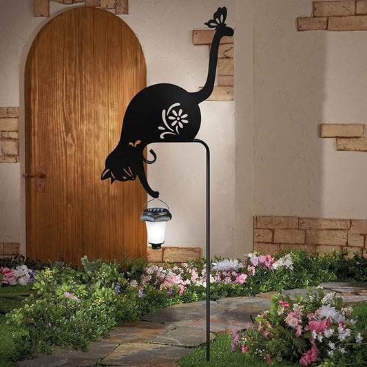 Cat Holding Lantern Garden Stakes Solar Garden Cats Metal cat Solar Lantern Decorative Garden Stakes for Yard, Lawn, Patio, Pathway