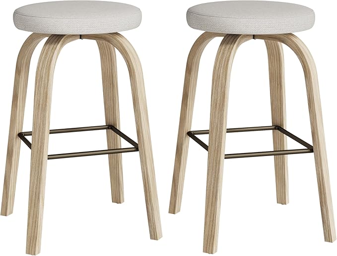 Bar Stools Set of 2, Counter Height Backless Bar Stools, 30" Swivel Barstools Kitchen Chair with Upholstered Fabric Seat, Beige