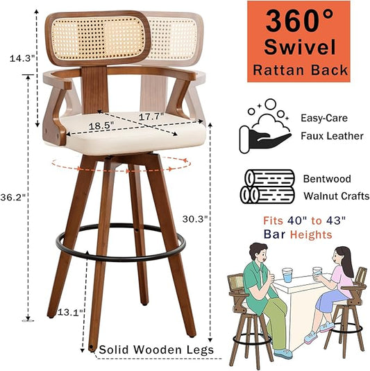 Swivel Bar Stools Set of 4 - 30 inch Mid Century Bar Stools with Walnut Craftsmanship, Curved Rattan Back, Upholstered Seat, Bar Height BarStools for Kitchen/Pub/Island/Cafe (30" Seat Height, Beige)