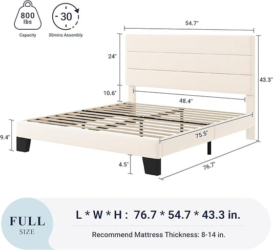 Allewie Full Size Platform Bed Frame with Velvet Upholstered Headboard and Wooden Slats Support, Fully Upholstered Mattress Foundation/No Box Spring Needed/Easy Assembly, Cream